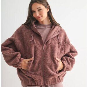 Mono B Alpine Fleece Zip-Up Hoodie, NWT, Large, Rose Taupe
